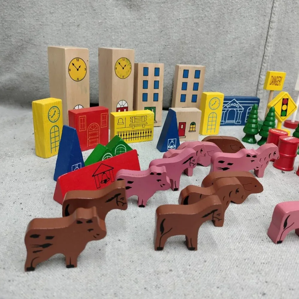 Lot of 63 Thomas Train Wooden Trees Signs Animals People Buildings Accessories